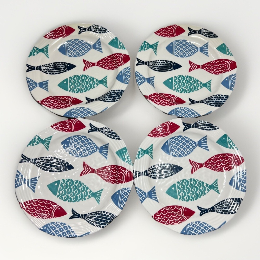 Fish Plates Set Of 4 10.5" Cynthia Rowley Melamine Summer Beach Dinnerware